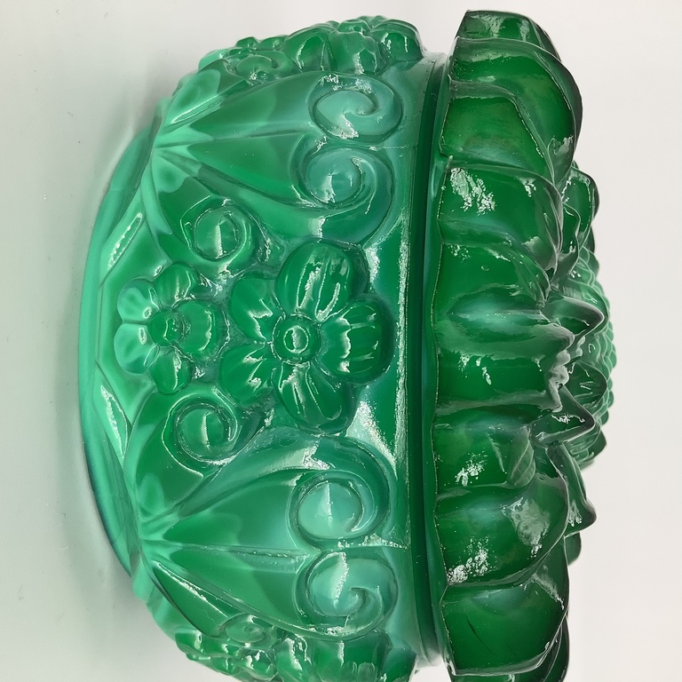 Malachite glass box. Bohemia 1930. For decorations on a woman's table.