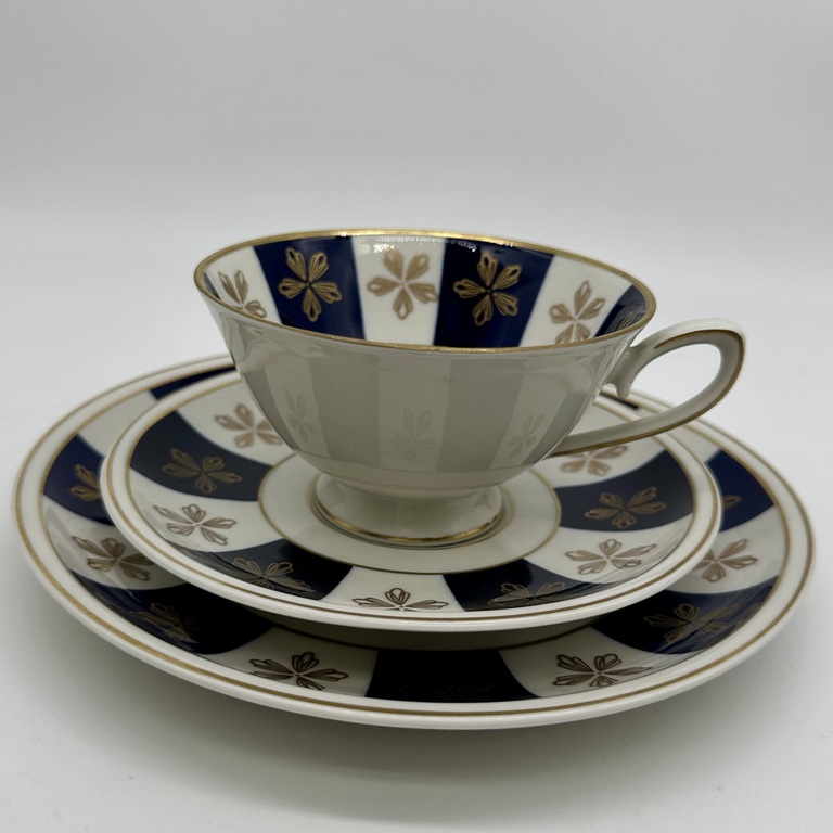 Breakfast is selfish. Trio Art-Deco. Cobalt with gold. Hand painted 