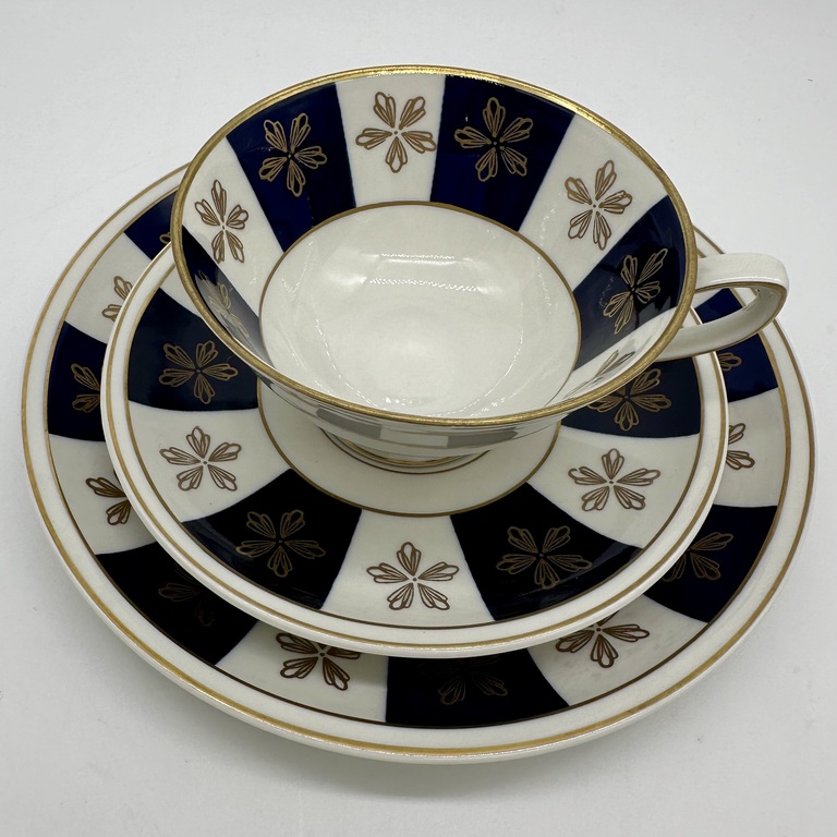 Breakfast is selfish. Trio Art-Deco. Cobalt with gold. Hand painted 