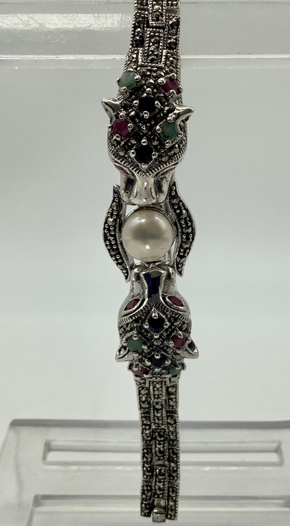Silver bracelet with emeralds and rubies, marcasite, pearls. Art Deco. Excellent condition. Sample.