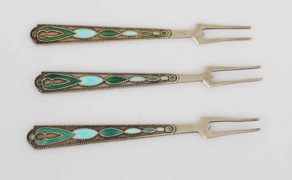 Silver snack forks with coloured enamel 3 pcs. 