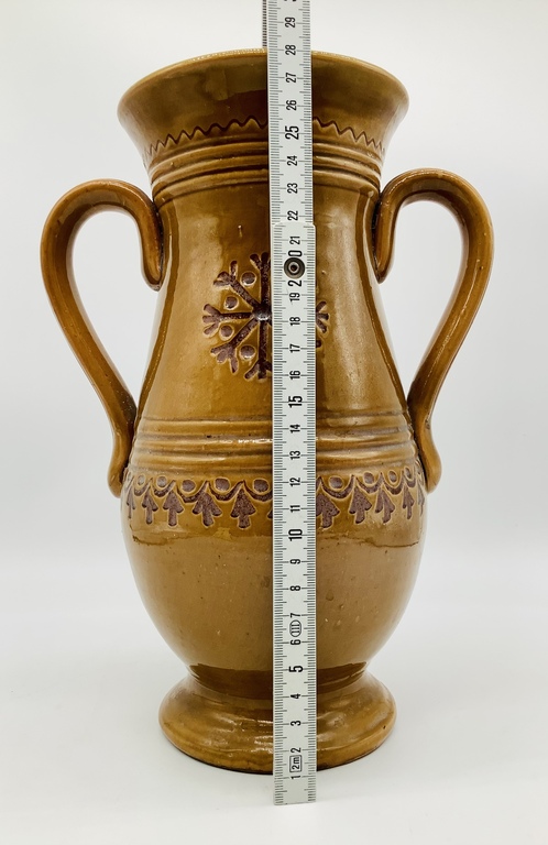 Large Latvian vase with two handles and national ornaments. 19th century.