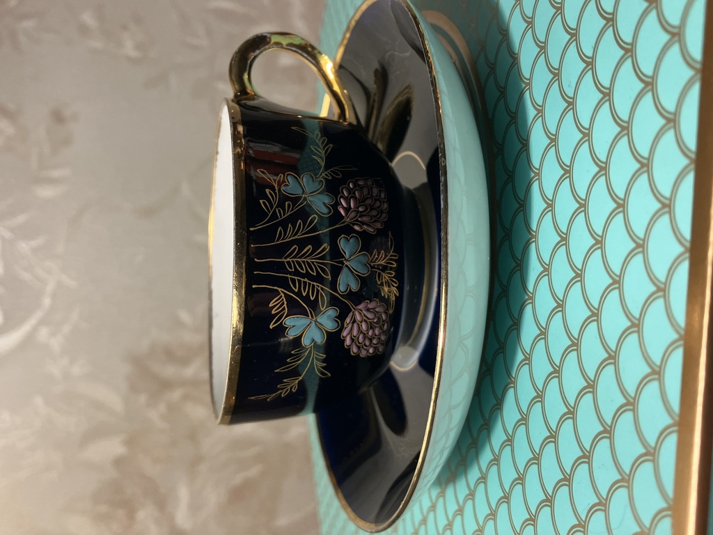 Kuznetsov cup with saucer, cobalt, enamel gilding