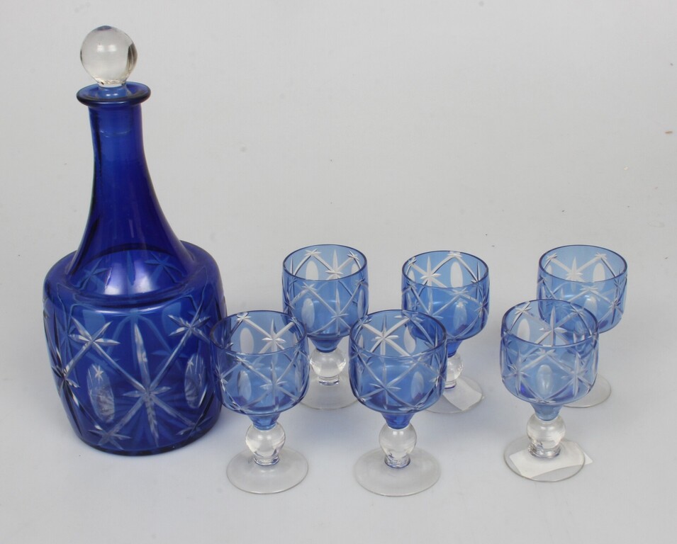 Blue glass carafe with 6 glasses