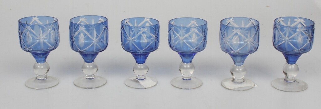 Blue glass carafe with 6 glasses