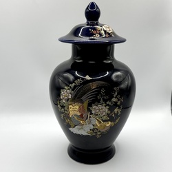 Cobalt vase with lid, birds of paradise. Second half of the 20th century.