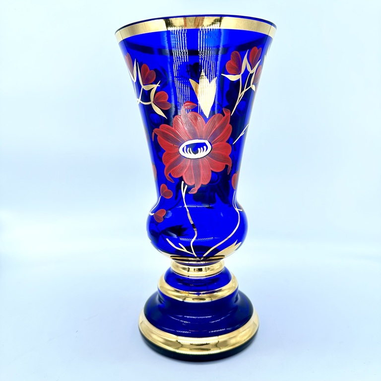Novoborsk glass. Bohemian vase made of blue glass with hand-painted smalt.
