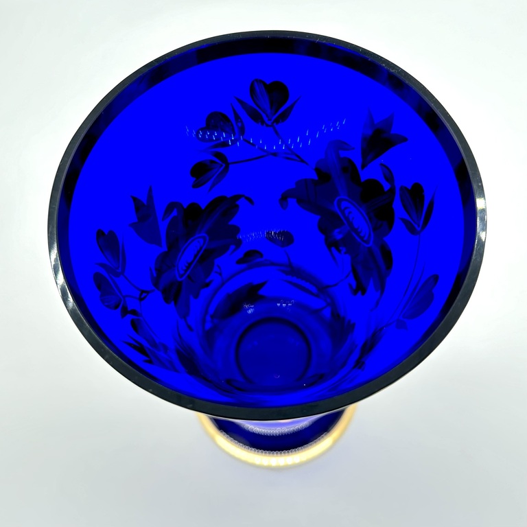Novoborsk glass. Bohemian vase made of blue glass with hand-painted smalt.