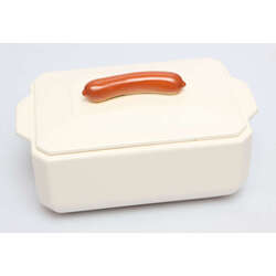 A dish with a lid for serving warm sausages