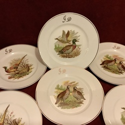 Limoges, old and rare hallmark. 6 plates for game pate. Antique neckline with additional painting.