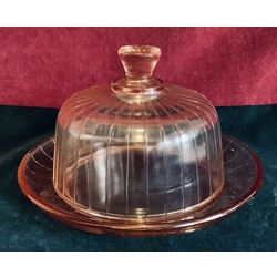 Large butter dish, cheesecake made of pink, pressed glass. Russia. Dyadkovo Glass Factory. Neman.