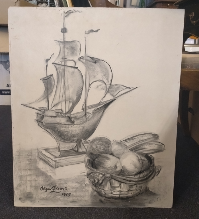 Still life with ship and fruit bowl