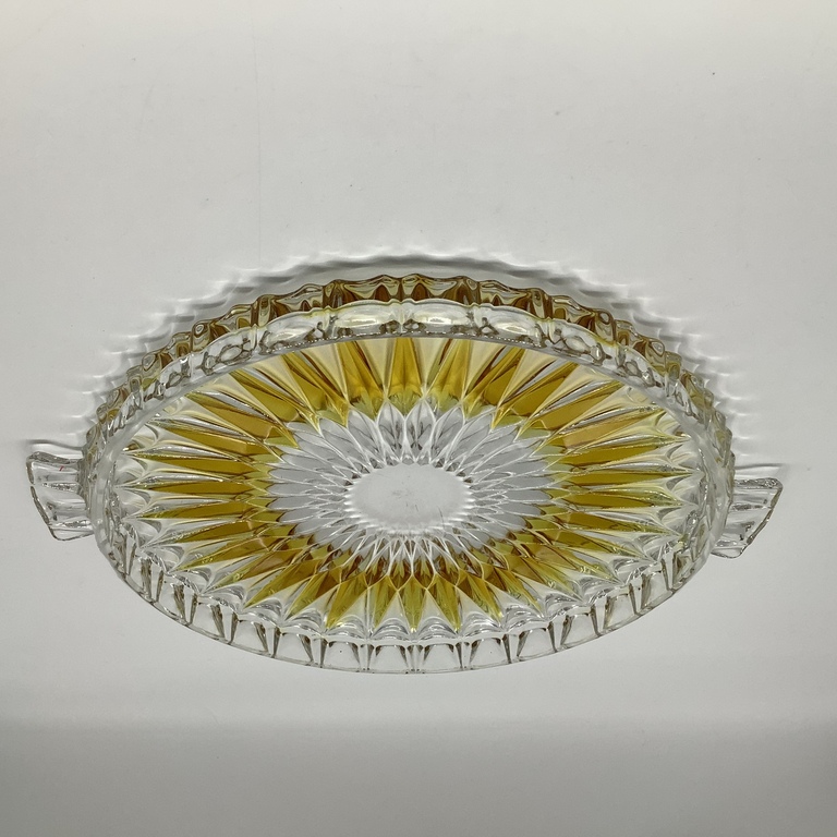 Large cake plate. Honey crystal sunburst inserts. Art Deco. Last century.