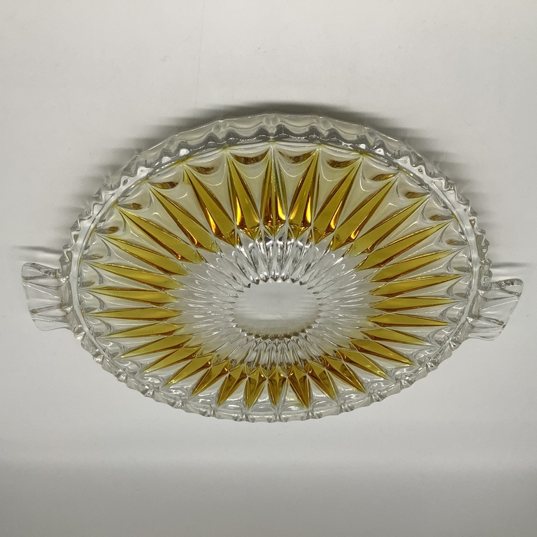 Large cake plate. Honey crystal sunburst inserts. Art Deco. Last century.