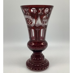 Hand-carved ruby crystal vase. Bohemia, pre-war. In excellent condition.