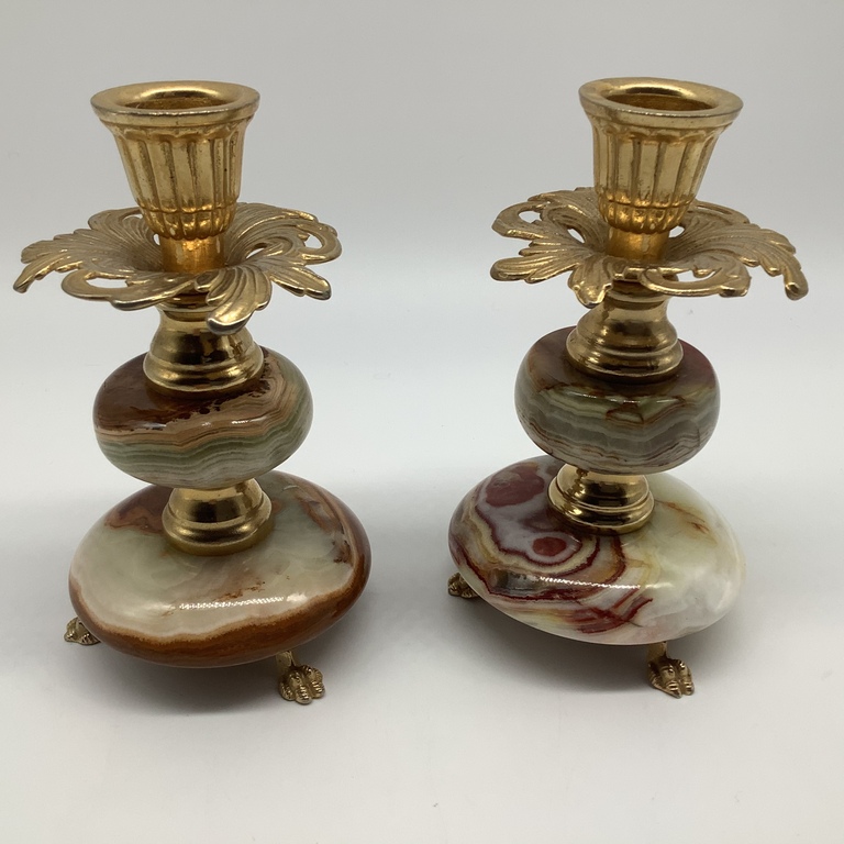 Two candlesticks made of onyx and bronze. Excellent condition. Natural stone