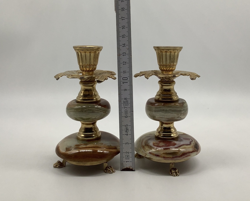 Two candlesticks made of onyx and bronze. Excellent condition. Natural stone