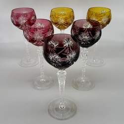 Val Saint-Lambert, set of six colored and clear crystal glasses with a high stem. 1940-1945