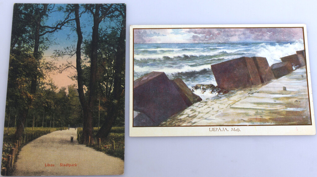 Two colorful postcards 'Libau.Stadtpark un Liepāja.Moļi''