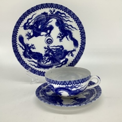 Tea trio, Japan 1930-40, bone china, Cobalt paints, Dragon traditional symbol.