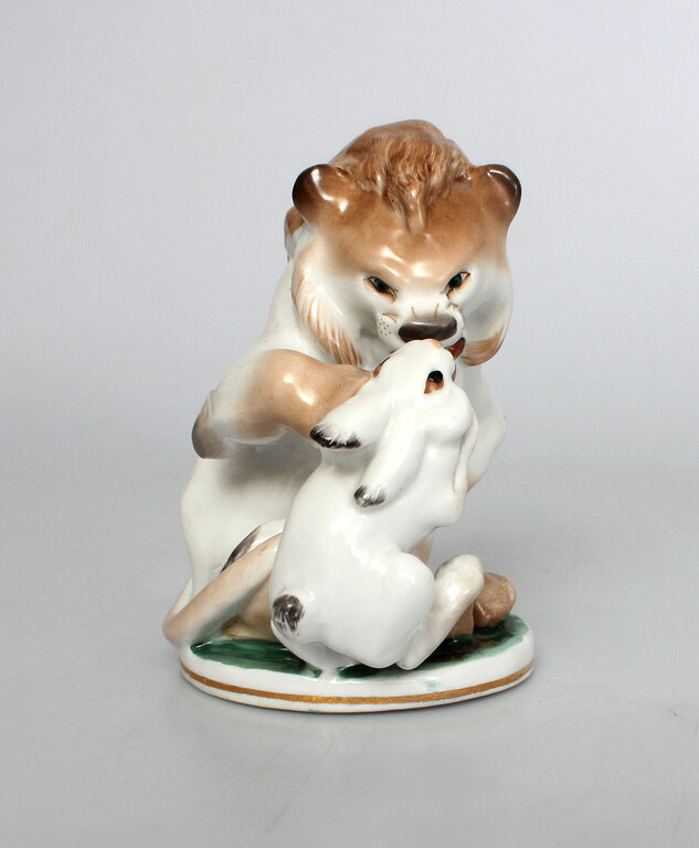 Porcelain figure Hare with a lion