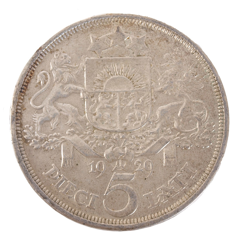 Монета  пять латов 1929 г.