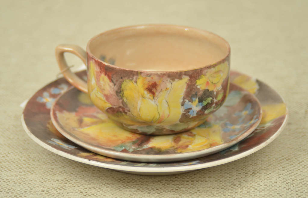 Painted cup with saucer and plate