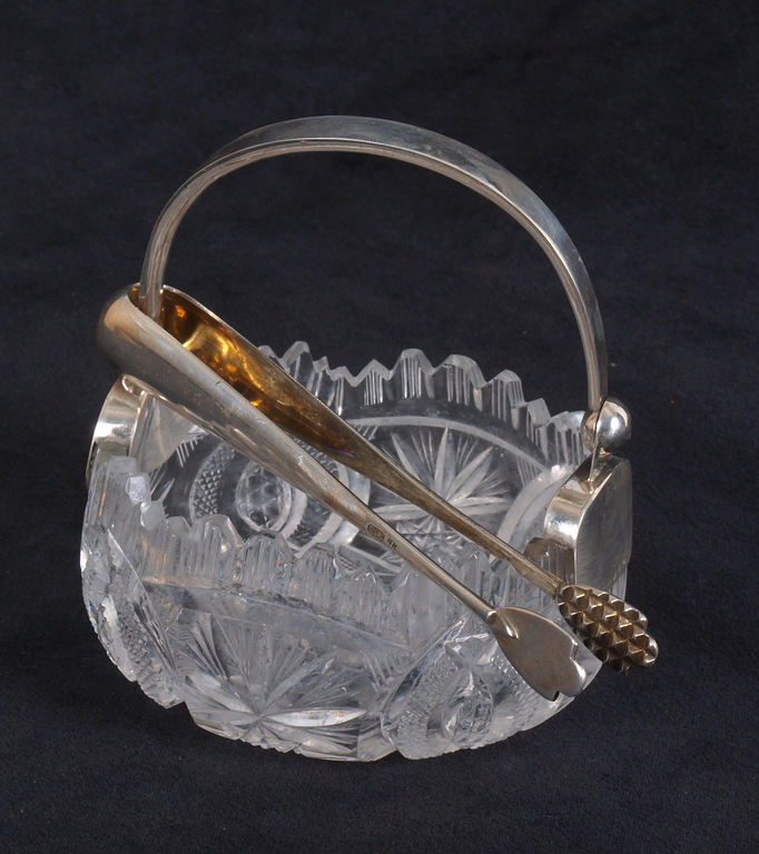 Кристаллная сахарница с серебряной отделкой и серебряные щипцы для сахара