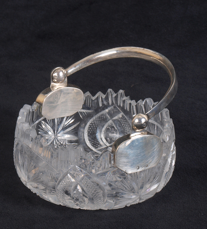 Crystal sugar-basin with a silver finish and silver sugar tongs