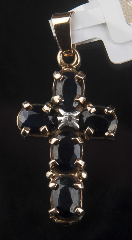 Golden pendant - cross with diamonds and sapphires